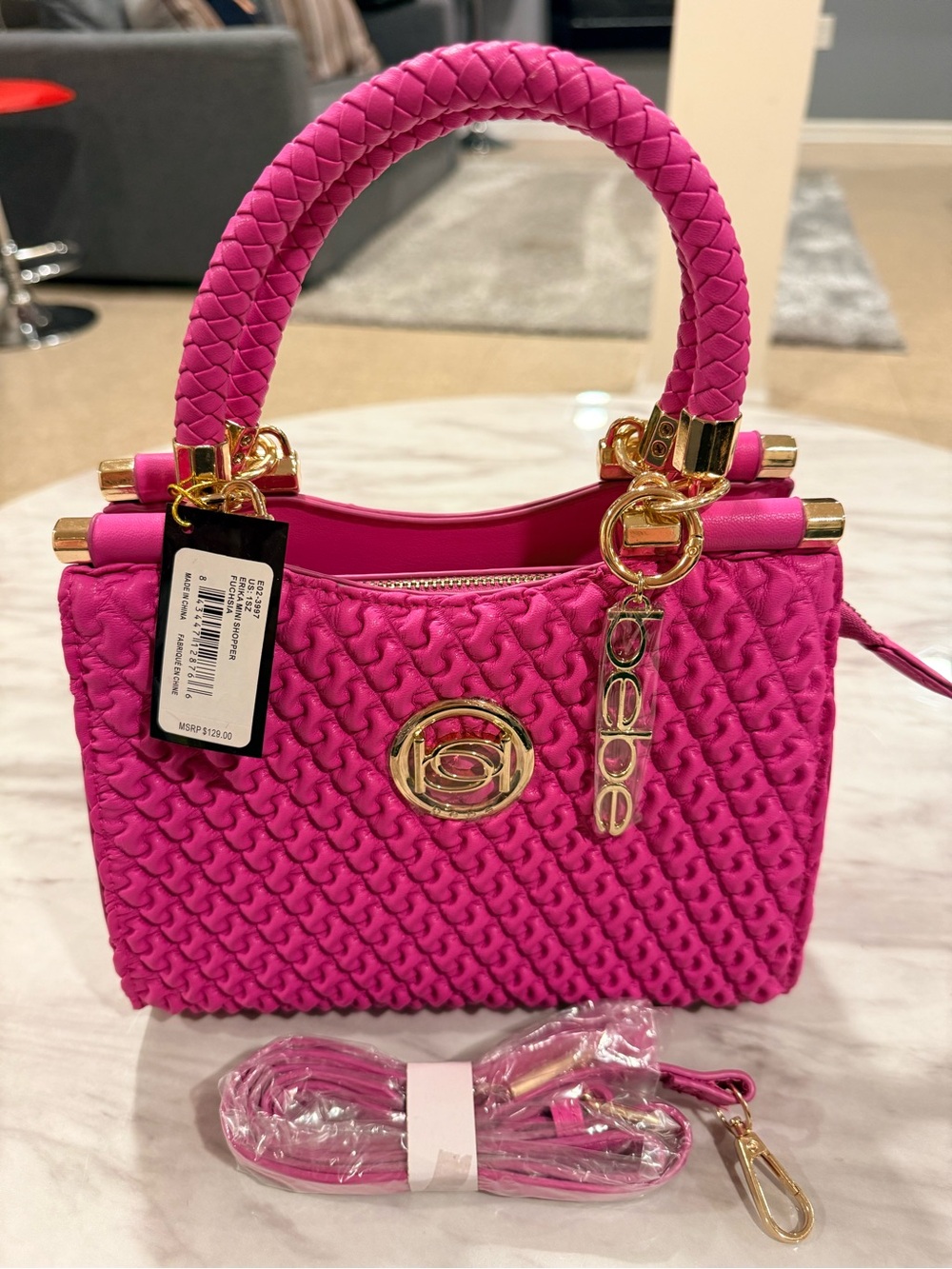 bebe Hot Pink Woven Top-Handle Satchel with Gold Hardware